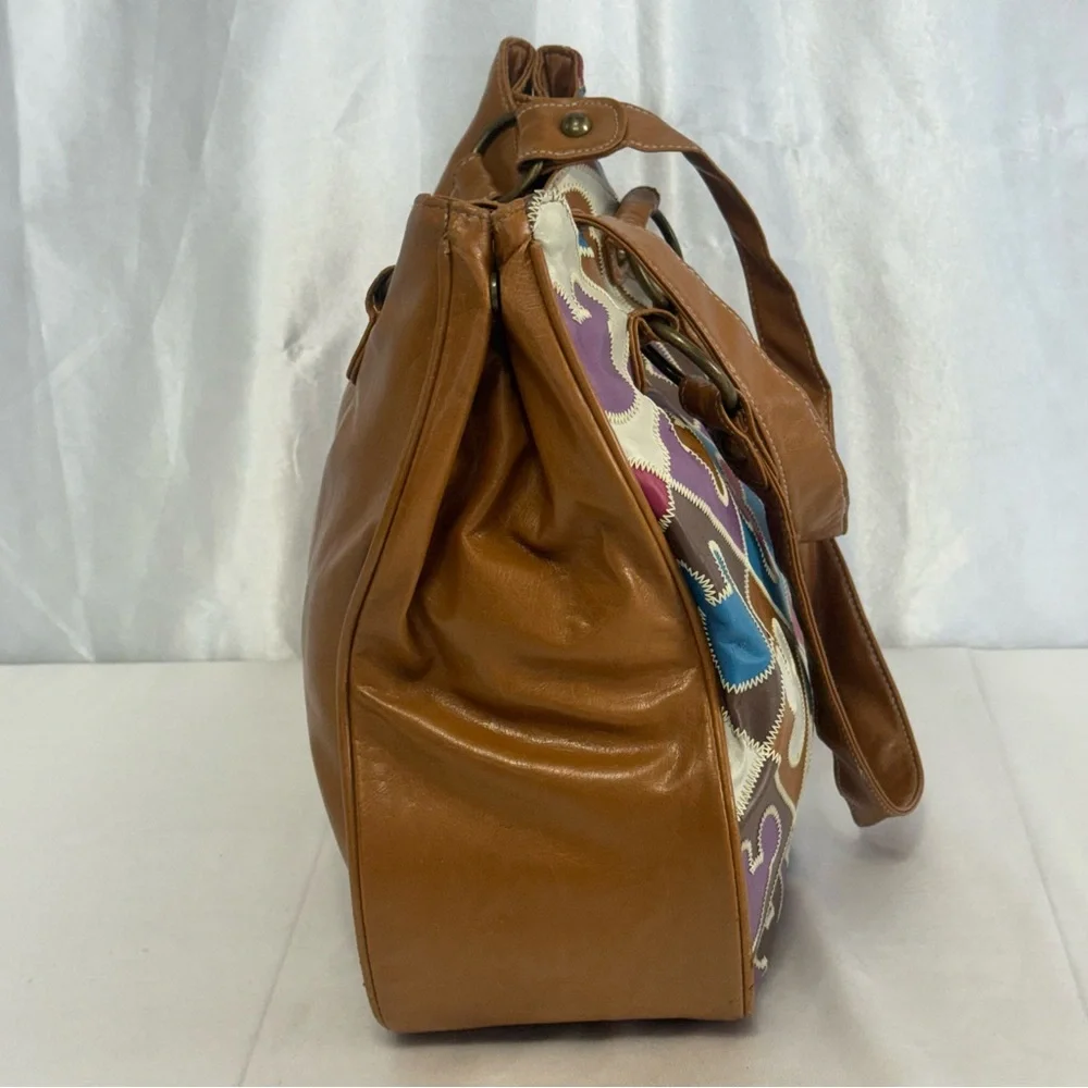 Disney Parks Mickey Mouse Multicolor Patchwork Tote Hobo Sa Bag with Brown Trim - Picture 6 of 14